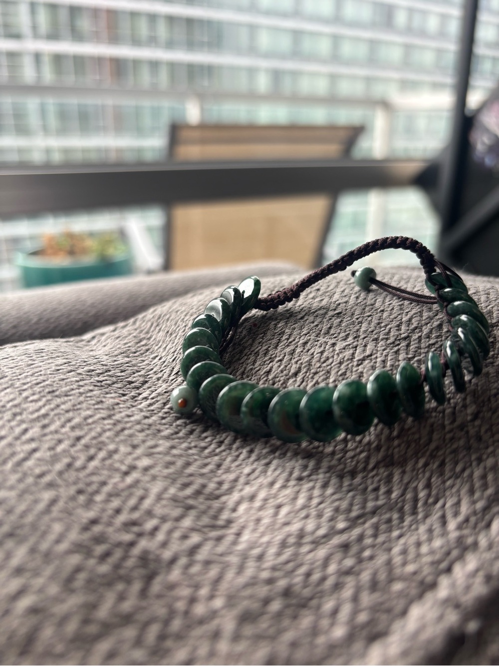 Dark Green Jadeite Beaded Adjustable Bracelet